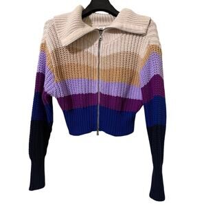 Aerie Double Zip Colorful Stripe Chunky Knit Oversized Sweater - S 100% Cotton